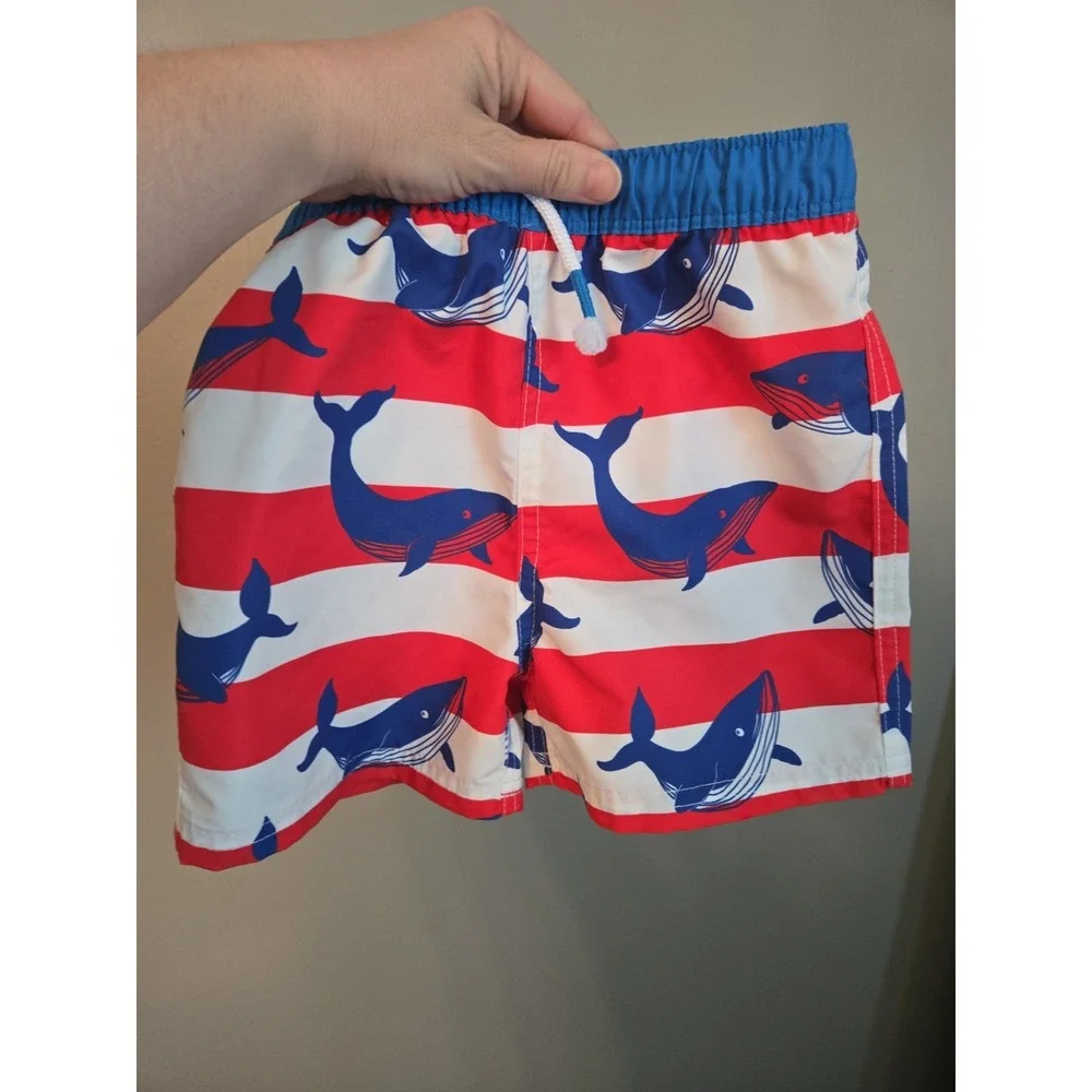Mini Boden Swim Trunks Boys 2-3 Years Red White Blue Whale Print Drawstring Mesh